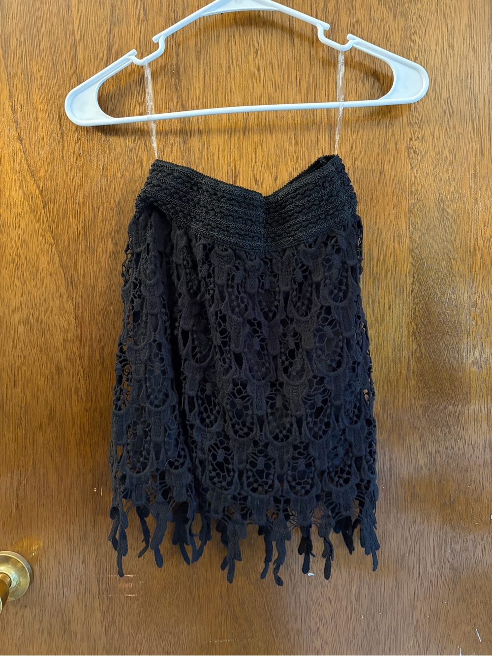 Black Crochet Fringe Mini Skirt with Smocked Waist